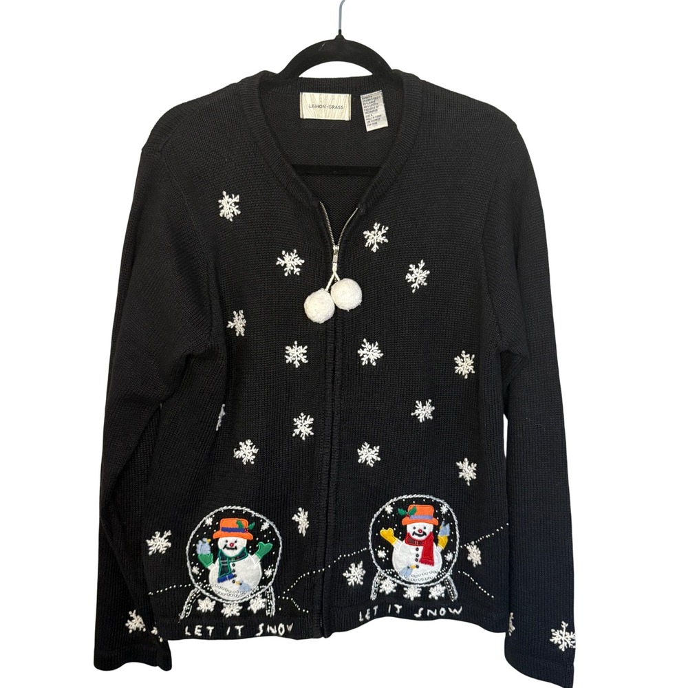VTG Women's Lemon Grass Black Full Zip Holiday Christmas Sweater Jacket SZ L